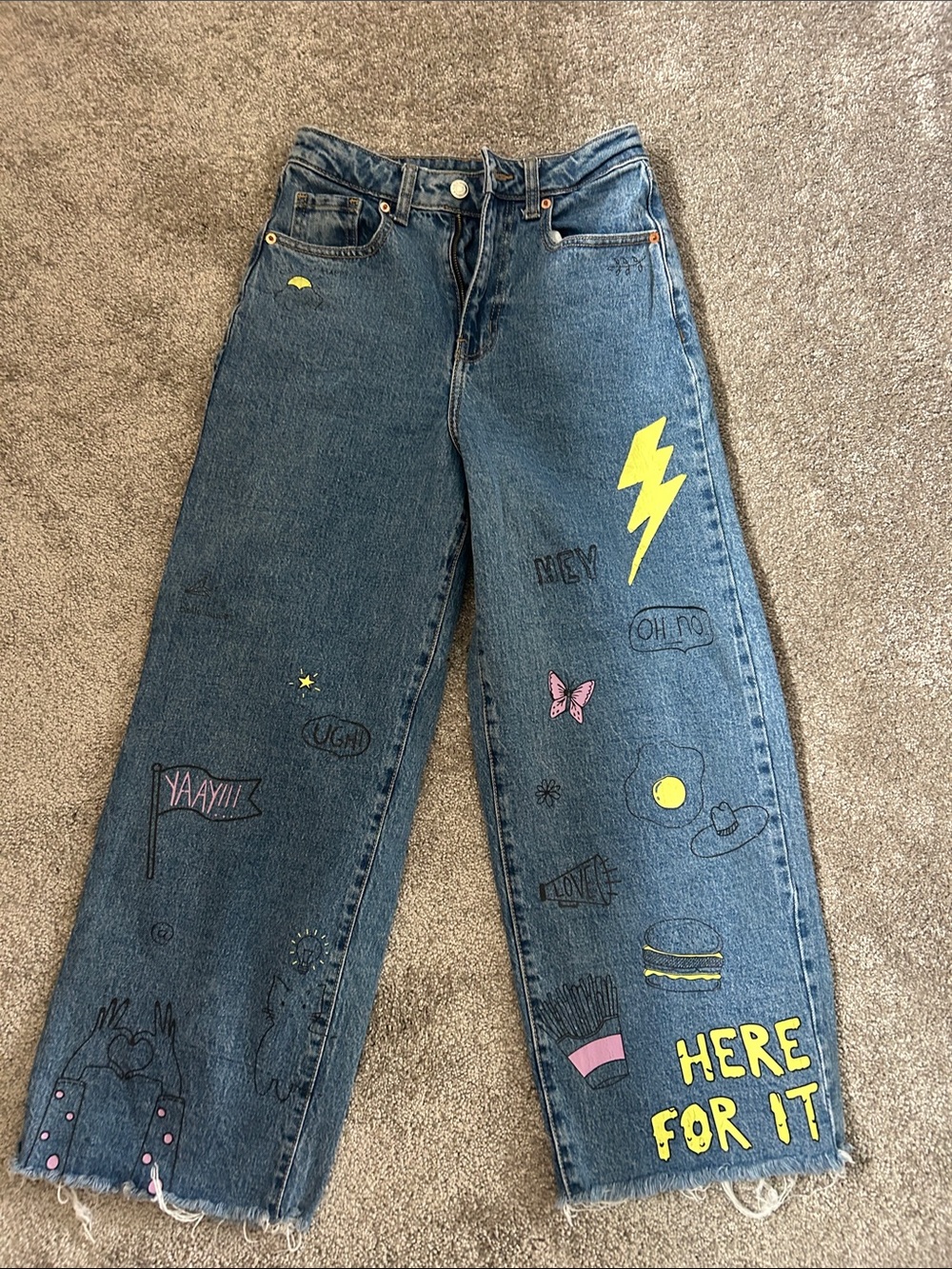 wild fable Blue Wide-Leg Graphic Jeans with Yellow Accents